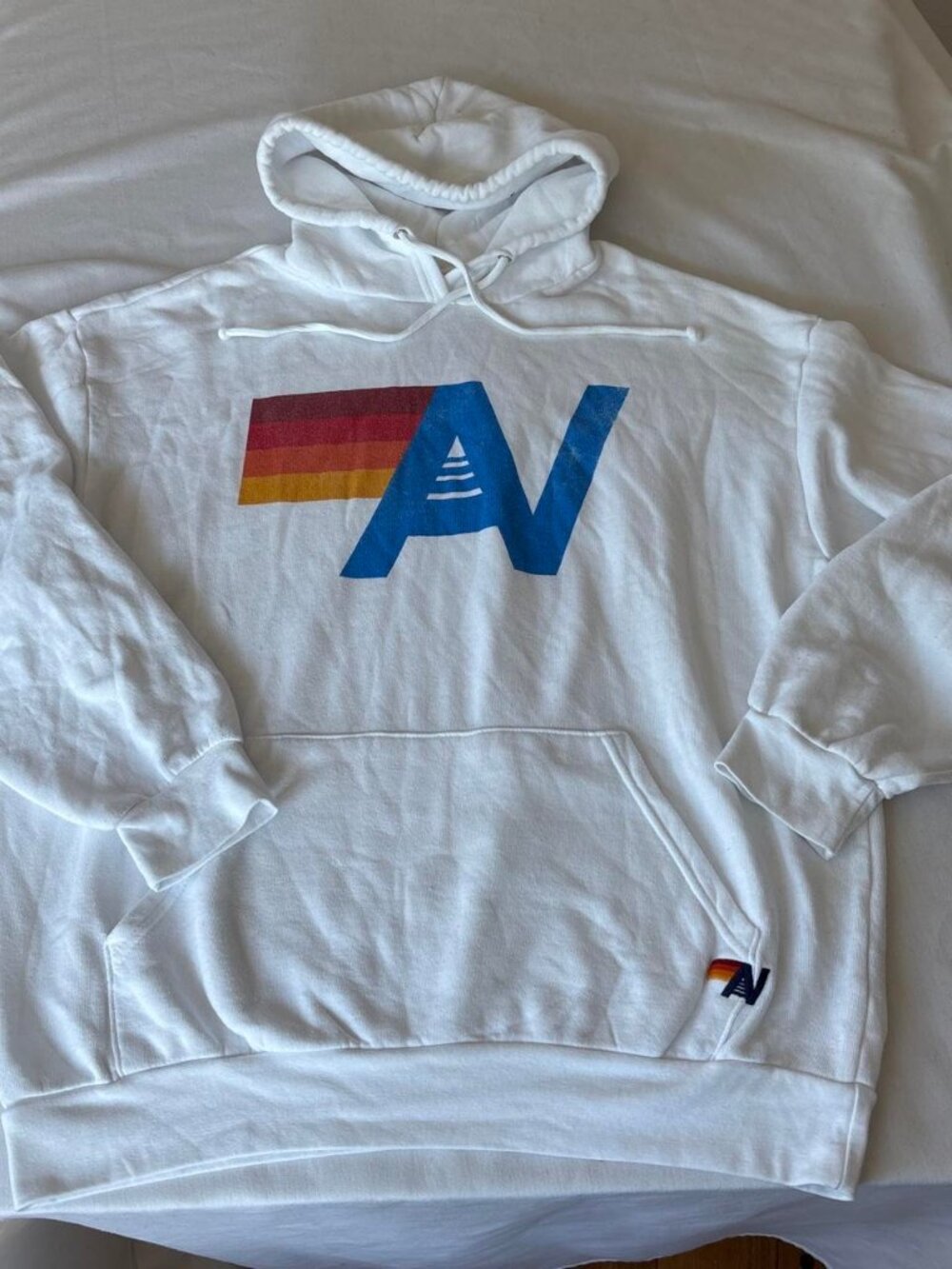 Aviator Nation White AV Monogram Rainbow Stripe Hoodie M